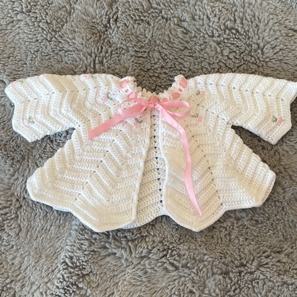 Crochet Baby Sweater with Pink Ribbon Sz 0/3M